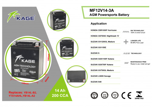 KAGE Аккумулятор AGM YB14L-B2, YTX14AHL, YB14L-A2