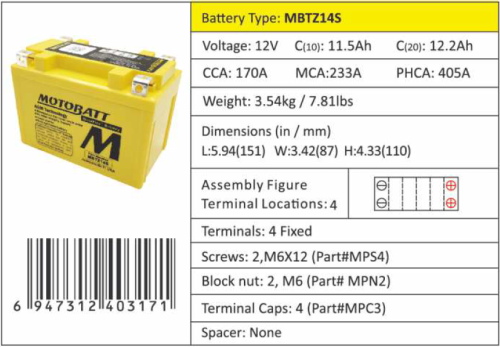 MOTOBATT Аккумулятор YTZ14S, GTZ14S