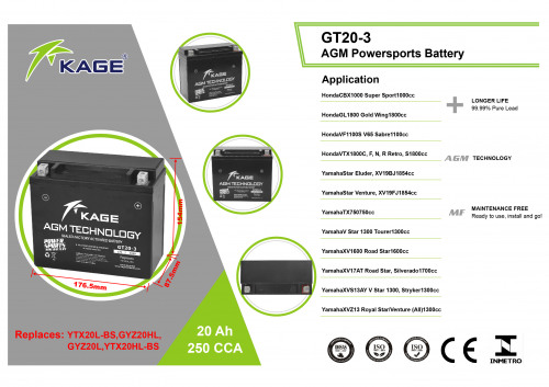 KAGE Аккумулятор YTX20L-BS, GYZ20HL, GYZ20L, YTX20HL-BS